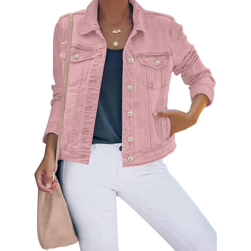 🆕Women Pink Jacket Button Down Stretch Fitted Long Sleeve Casual Jean